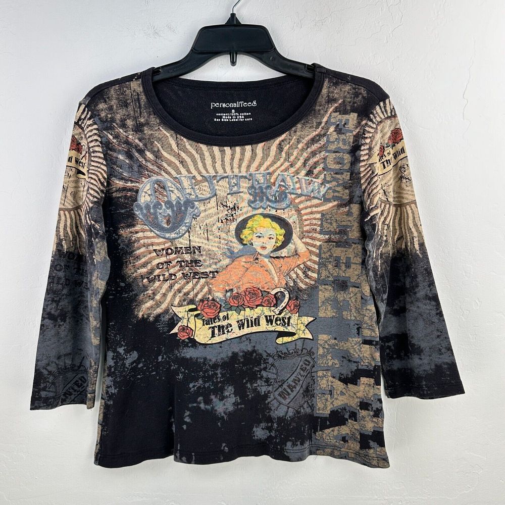 Vtg PersonaliTees shirt Womens S Black Gray‎ Outlaw Tales Of The Wild West Y2K